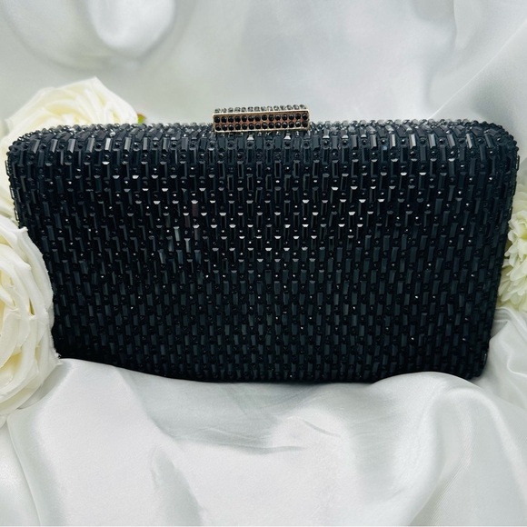 Black Beaded Evening Clutch – Formal Wedding Party Bag with Gold Chain NWT - Picture 5 of 15